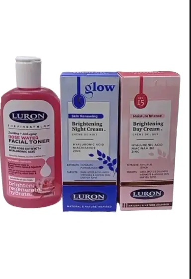 3pcs LURON Brightening Skincare Set – Rose Water Toner + Day Cream SPF15 + Night Cream | Dark Spot Repair & Glow