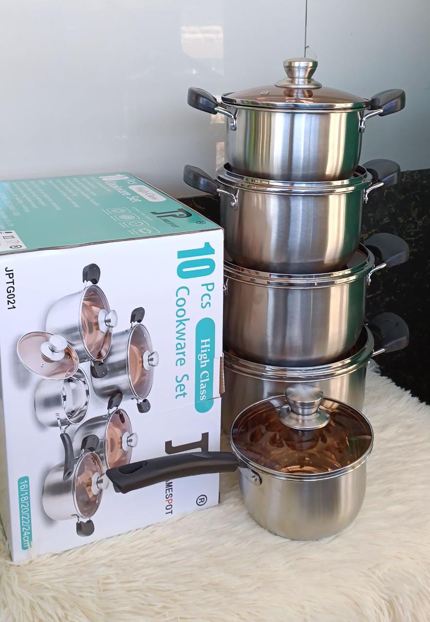 👌ELAVATE YOUR KITCHEN SET💫👌JP 10pcs Premium quality Stainless Steel Cookware Sets Pot Sufuria with Glass Lids.Heavy duty
Supports induction cooking
Non-stick 
Easy to maintain and clean
Can be used