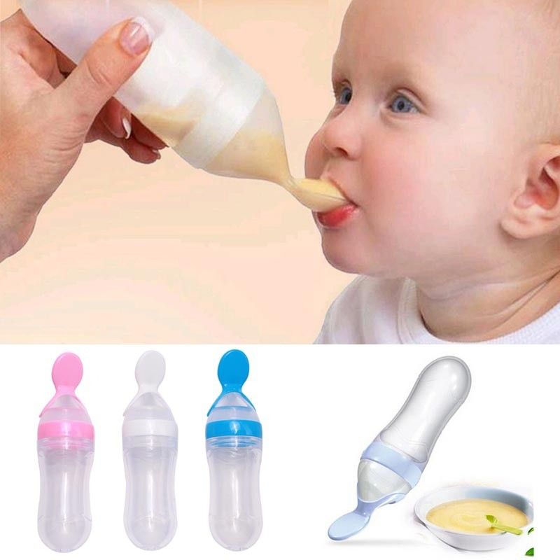 90ml Soft Silicone baby feeding bottle with spoon tip.STAND-UP SILICONE SPOON FEEDER MAKES BABY FEEDING 
STAND-UP BOTTLE & TIGHT SEAL NECK 
BABY FOOD GRADE SILICONE
MORE ATTRACTIVE VALUES FOR HAPPY PA