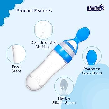 90ml Soft Silicone baby feeding bottle with spoon tip.STAND-UP SILICONE SPOON FEEDER MAKES BABY FEEDING 
STAND-UP BOTTLE & TIGHT SEAL NECK 
BABY FOOD GRADE SILICONE
MORE ATTRACTIVE VALUES FOR HAPPY PA