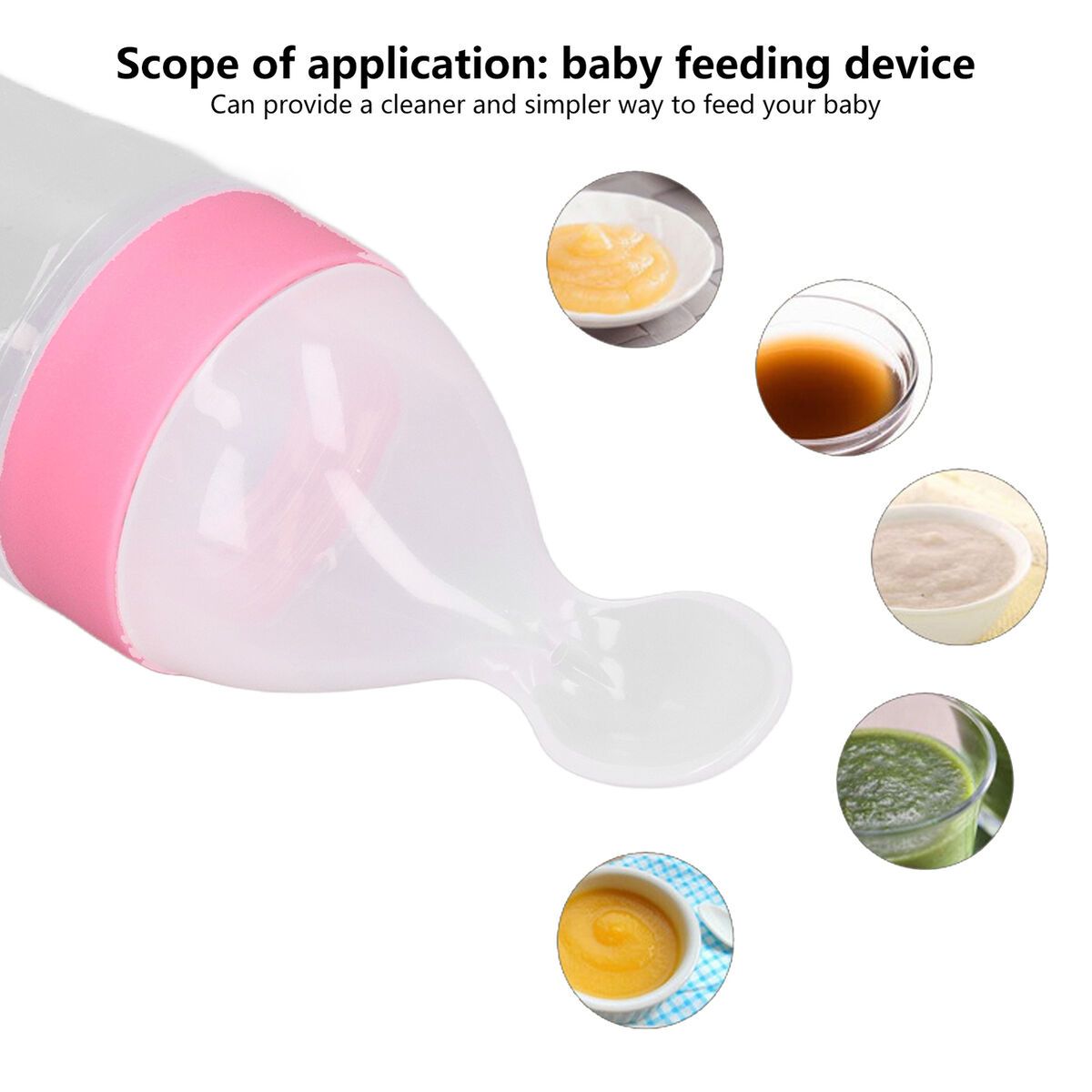 90ml Soft Silicone baby feeding bottle with spoon tip.STAND-UP SILICONE SPOON FEEDER MAKES BABY FEEDING 
STAND-UP BOTTLE & TIGHT SEAL NECK 
BABY FOOD GRADE SILICONE
MORE ATTRACTIVE VALUES FOR HAPPY PA