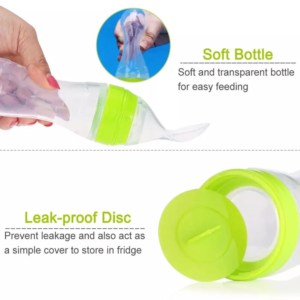 90ml Soft Silicone baby feeding bottle with spoon tip.STAND-UP SILICONE SPOON FEEDER MAKES BABY FEEDING 
STAND-UP BOTTLE & TIGHT SEAL NECK 
BABY FOOD GRADE SILICONE
MORE ATTRACTIVE VALUES FOR HAPPY PA