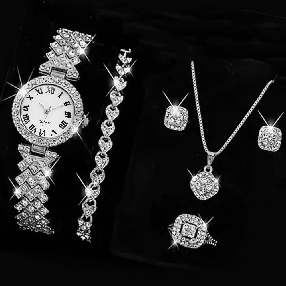 6PCS Watches Fashion Roman pattern diamond ladies watch female watch quartz watch bracelet female watch Girls Accessoires