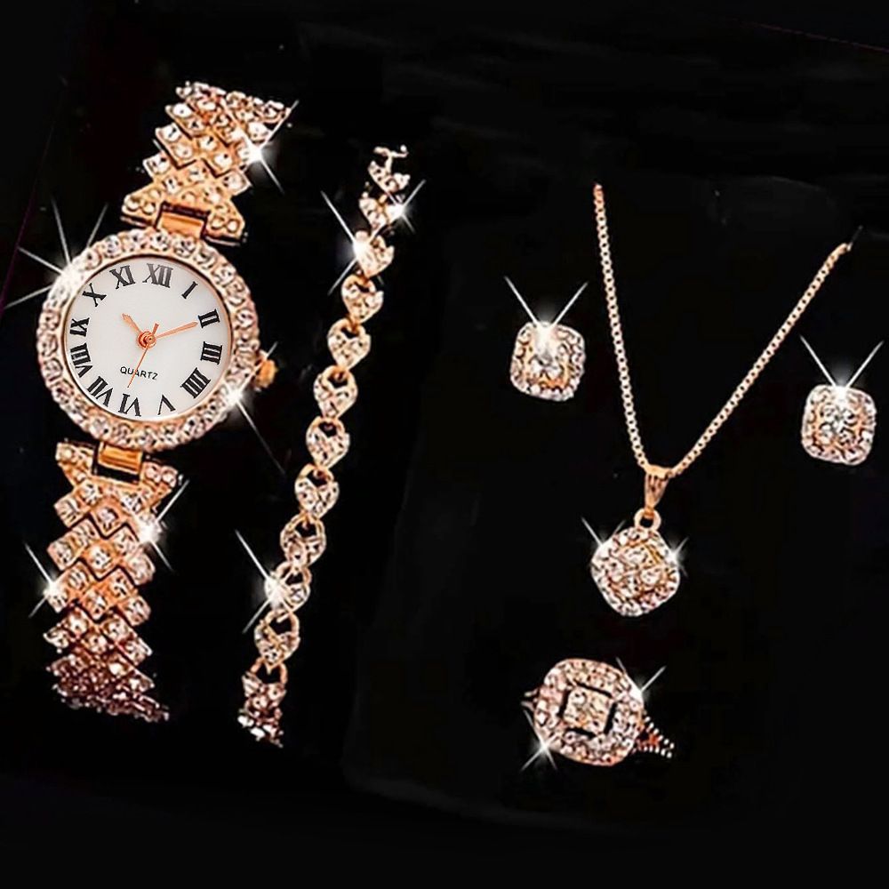 6PCS Watches Fashion Roman pattern diamond ladies watch female watch quartz watch bracelet female watch Girls Accessoires