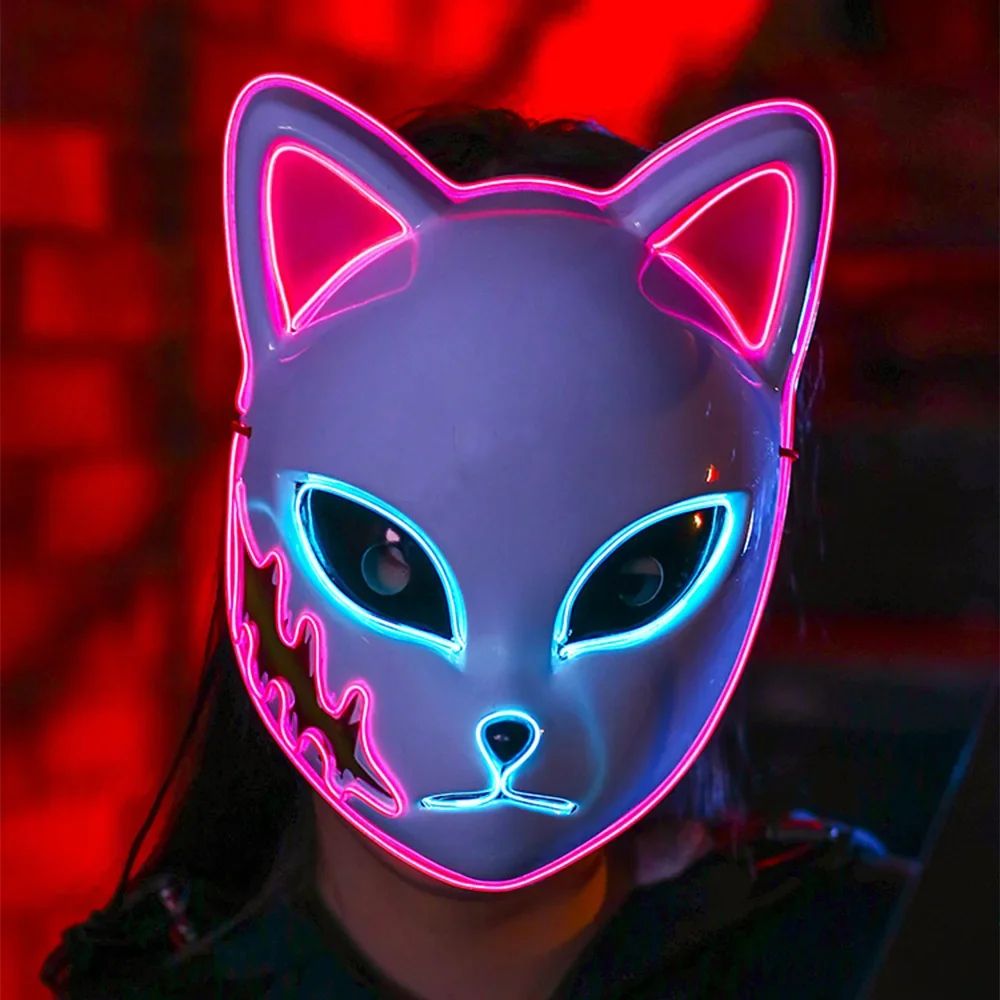 Glowing Demon Slayer Led Face Mask Anime Cosplay Prop Cat Face Fox Halloween Cold Light Flashing Mask Party Costume