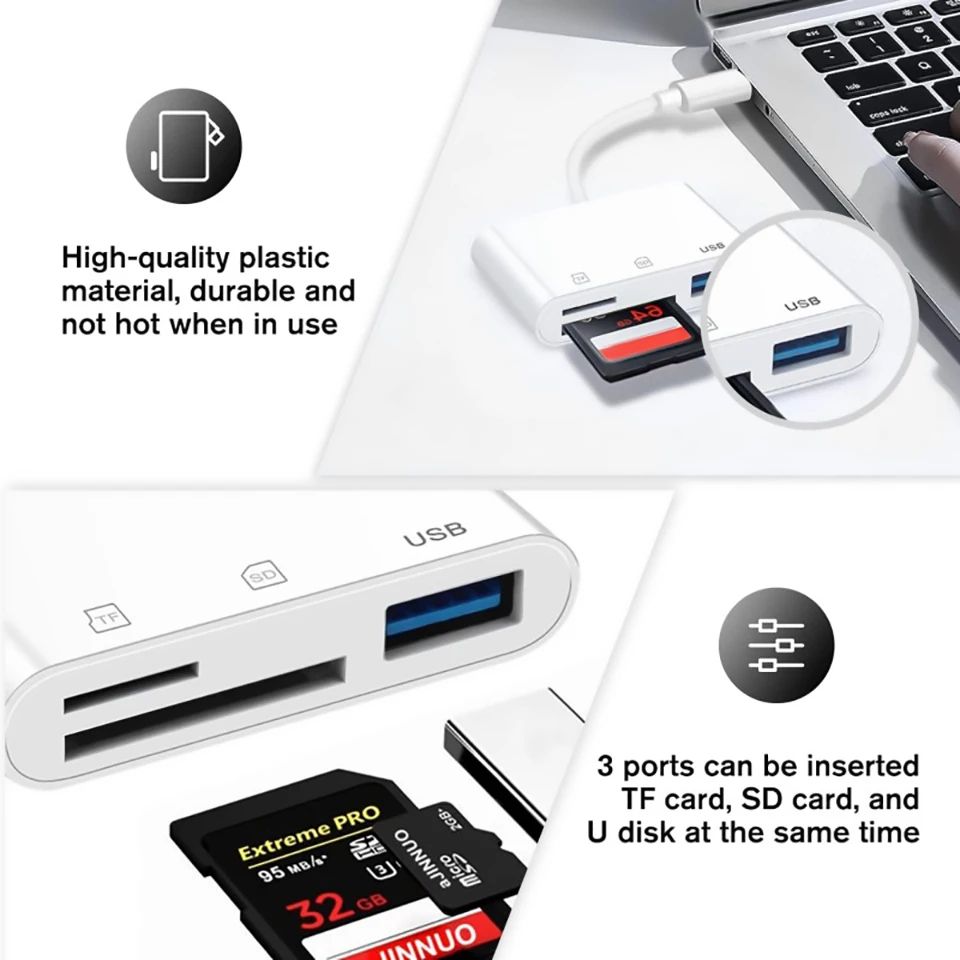 3 In 1 SD TF Card Reader For Apple iPhone 14 12 13 11 Pro Max XR XS USB C Camera Converter For iPad Android Laptop OTG Adapter