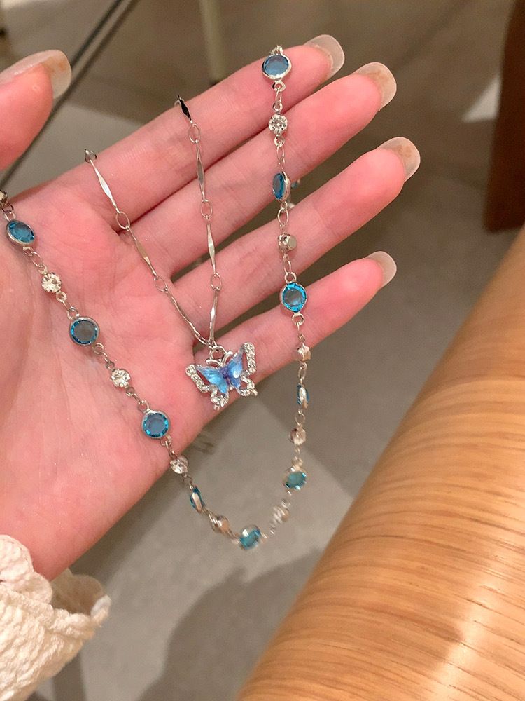 Romantic Blue Crystal Butterfly Necklace for Women Girls Simple Shiny Zircon Bilayer Choker Clavicle Chain New Fine Jewelry Gift