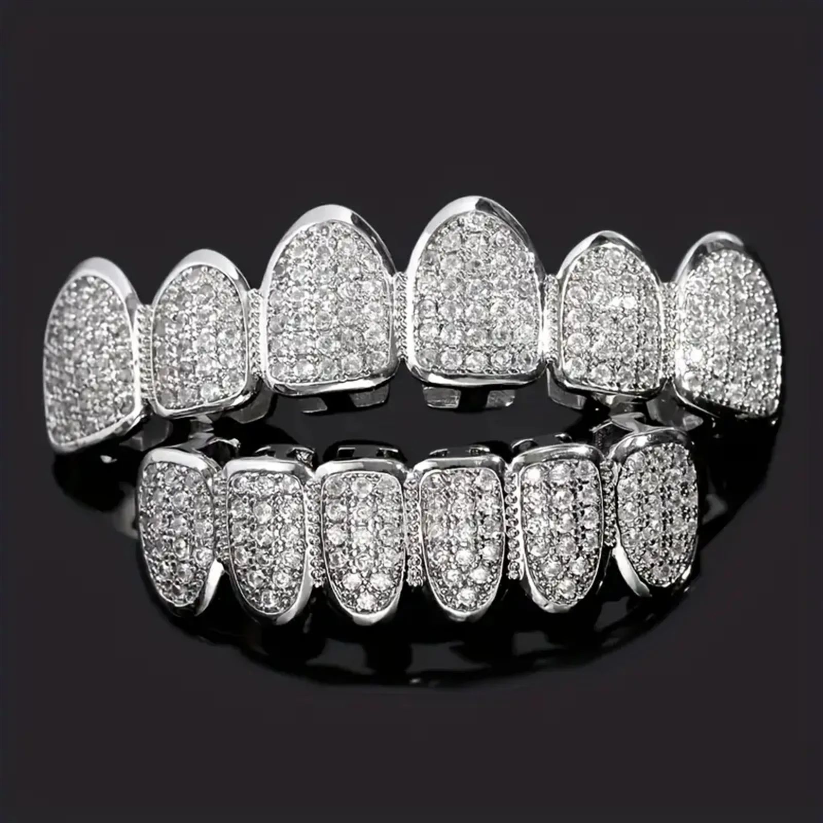 CZ Teeth Grillz Set For Unisex Top Bottom Mouth Gold Silver Color Teeth Grills Tooth Cap Removable Dental Fashion Jewelry