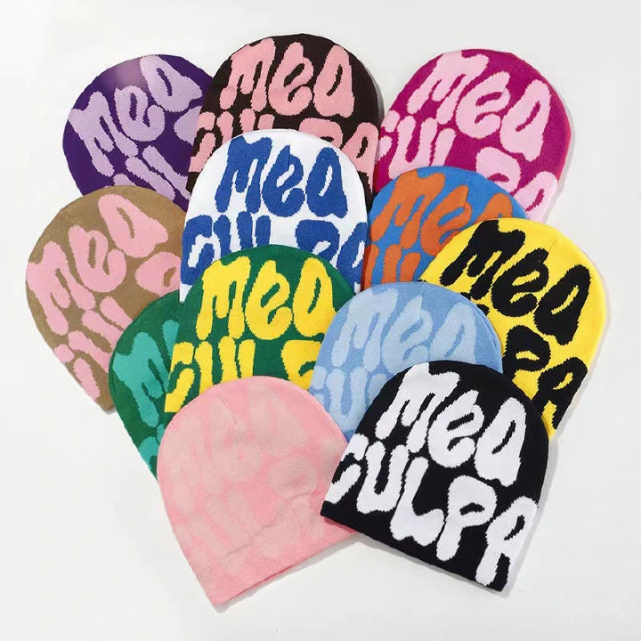 Unisex Foldable Warm Beanie Trend Letter Jacquard Knit Hat Berets 100% Acrylic Warm Knitted Cap