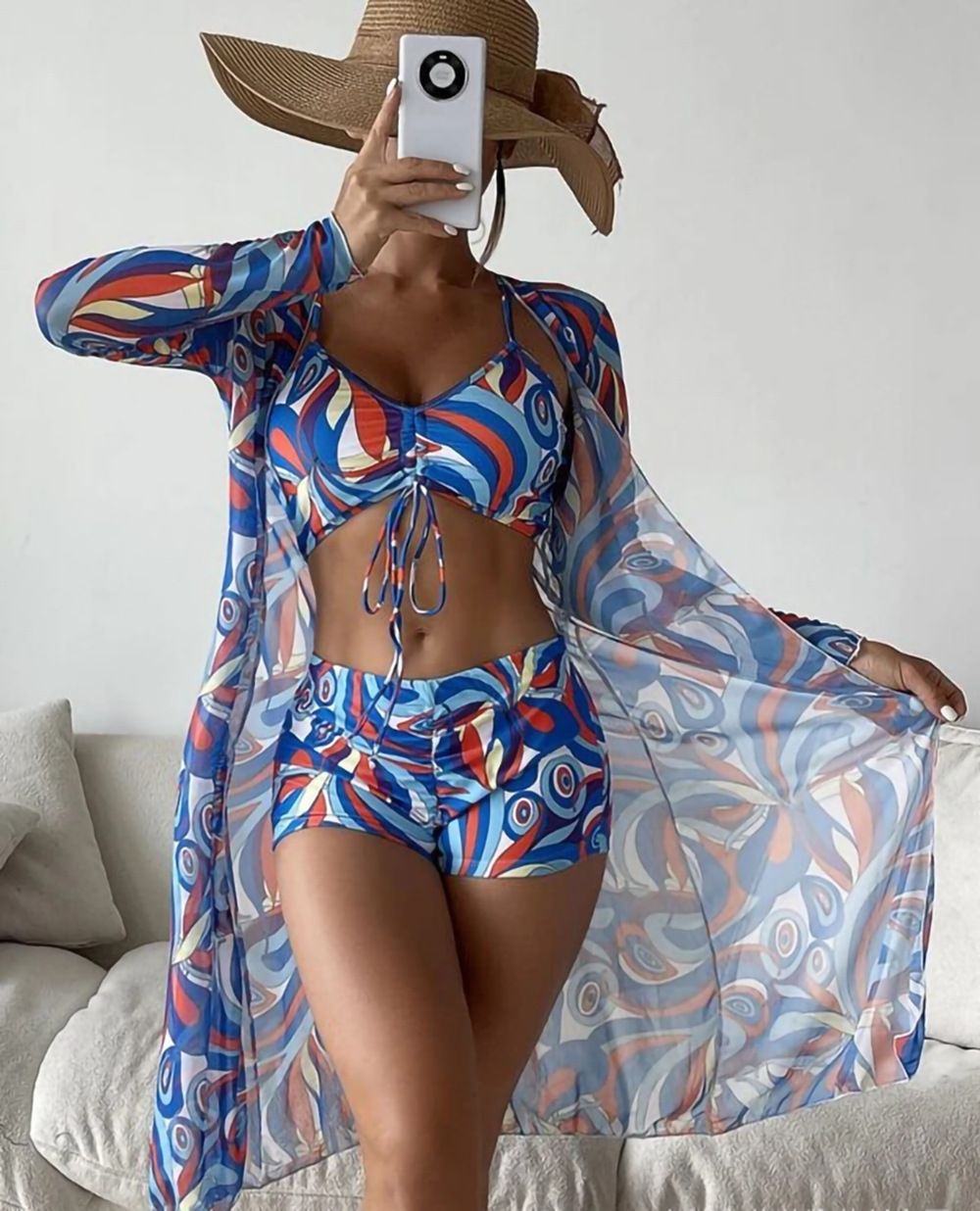 Women's 3 Piece Swimsuit Floral Print Halter Bikini Set with Kimono Cover Up Drawstring Ruched Shorts Swimsuit Kimono Cover Up
