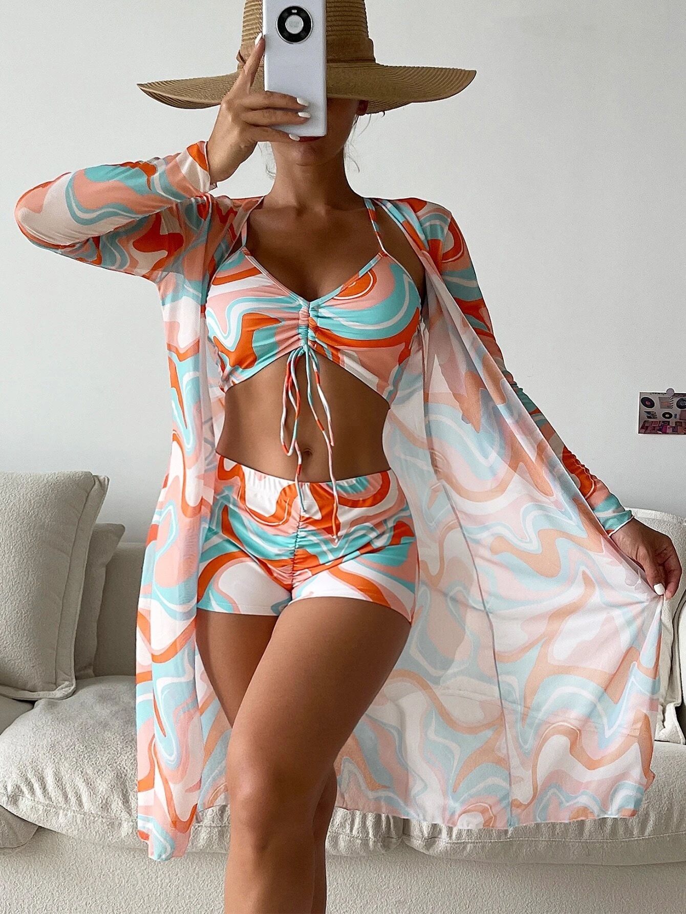 Women's 3 Piece Swimsuit Floral Print Halter Bikini Set with Kimono Cover Up Drawstring Ruched Shorts Swimsuit Kimono Cover Up