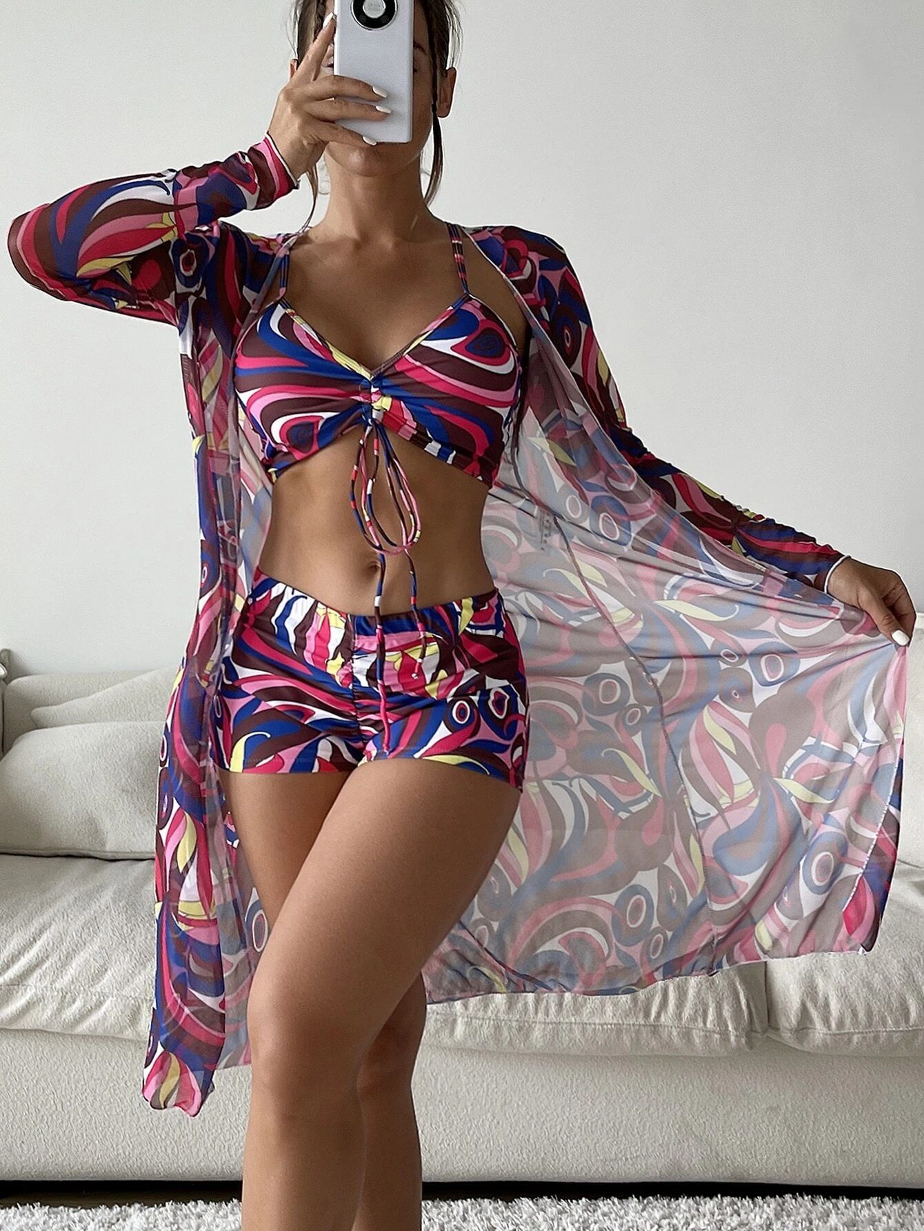 Women's 3 Piece Swimsuit Floral Print Halter Bikini Set with Kimono Cover Up Drawstring Ruched Shorts Swimsuit Kimono Cover Up