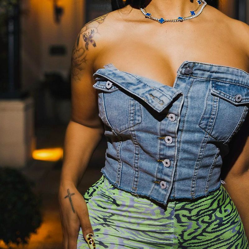 Denim Strapless Pockets Buttons Sexy Crop Tube Top 2023 Summer Women Fashion Y2K Streetwear Casual Clothes Wholesale