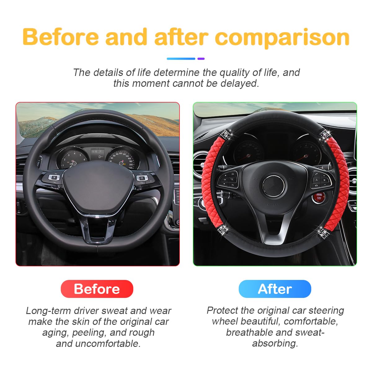 Osilly Bling Car Steering Wheel Cover, 15 Inch Rhinestones Soft Leather Elastic Steering Wheel Protector, Sparkly Crystal Diamond for Women Girls, Car Interior Accessories for Most Cars