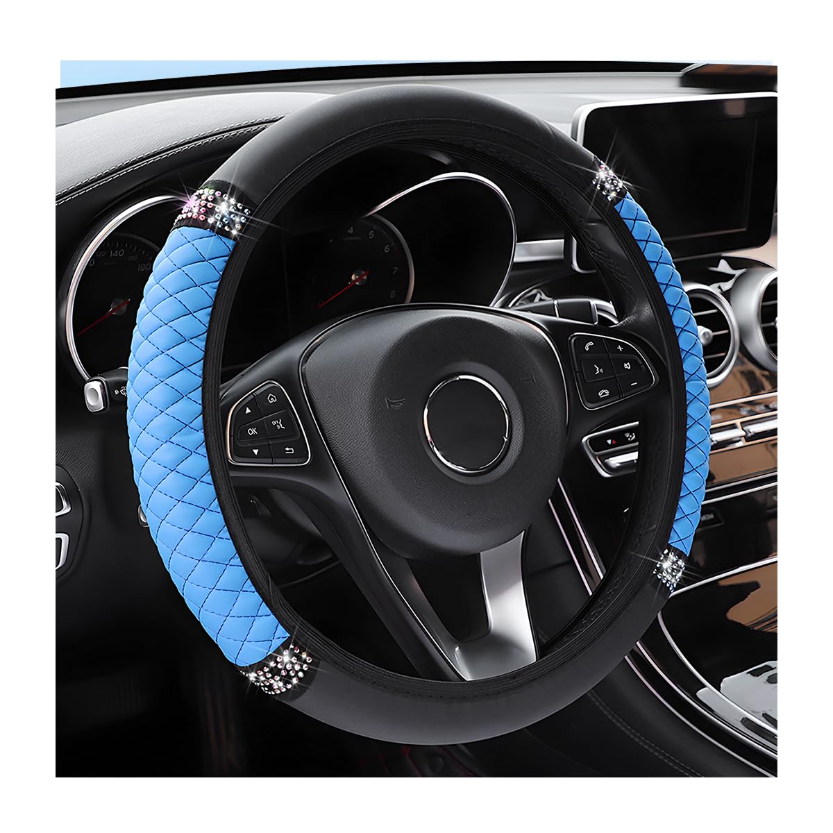 Osilly Bling Car Steering Wheel Cover, 15 Inch Rhinestones Soft Leather Elastic Steering Wheel Protector, Sparkly Crystal Diamond for Women Girls, Car Interior Accessories for Most Cars