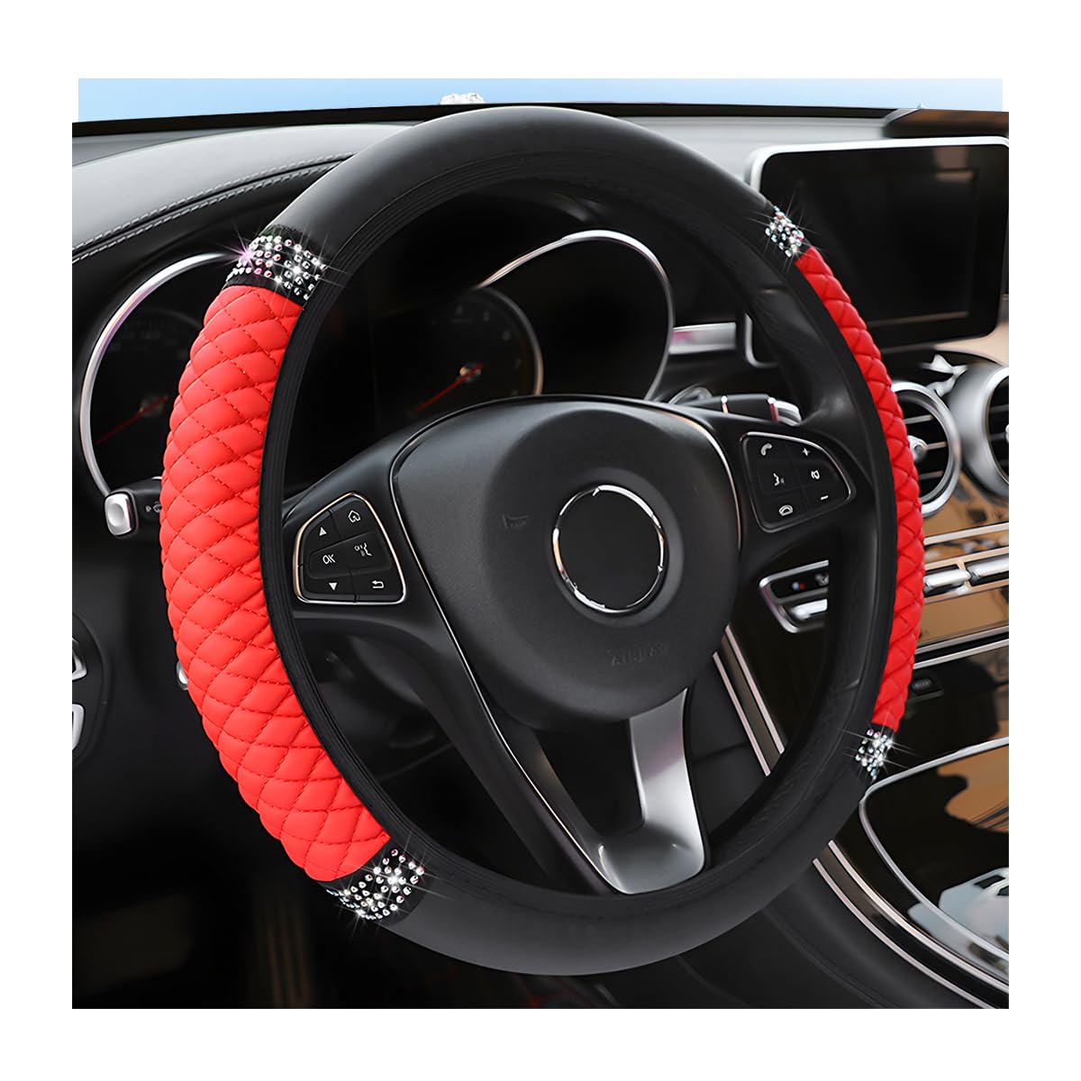 Osilly Bling Car Steering Wheel Cover, 15 Inch Rhinestones Soft Leather Elastic Steering Wheel Protector, Sparkly Crystal Diamond for Women Girls, Car Interior Accessories for Most Cars