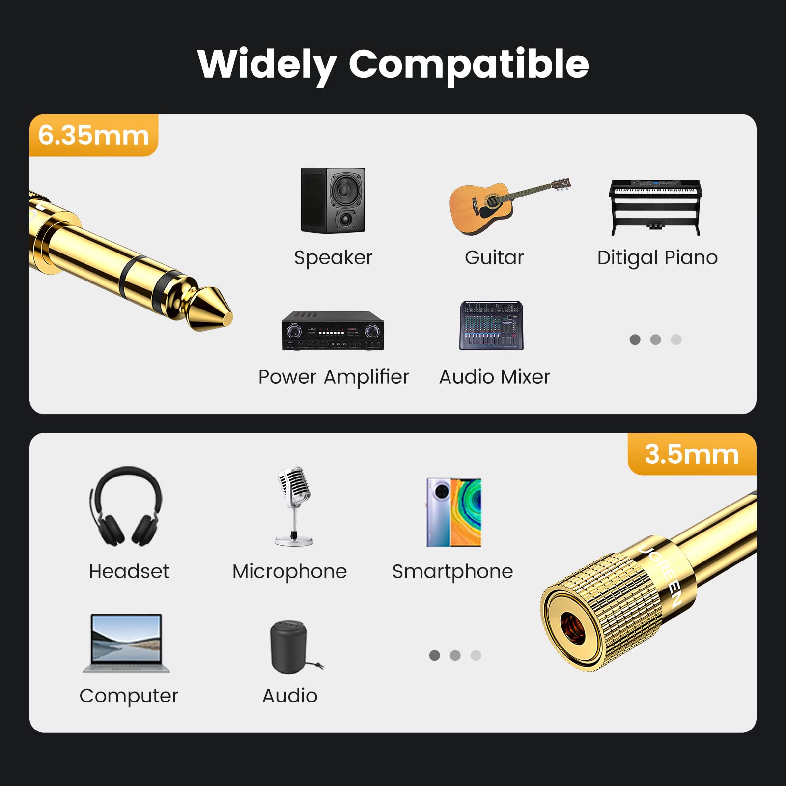 6.35mm 1/4 Male to 3.5mm 1/8 Female Stereo Headphone Adapter Audio Jack Plug Gold Plated for Speaker Headphone Guitar Digital Piano Amp