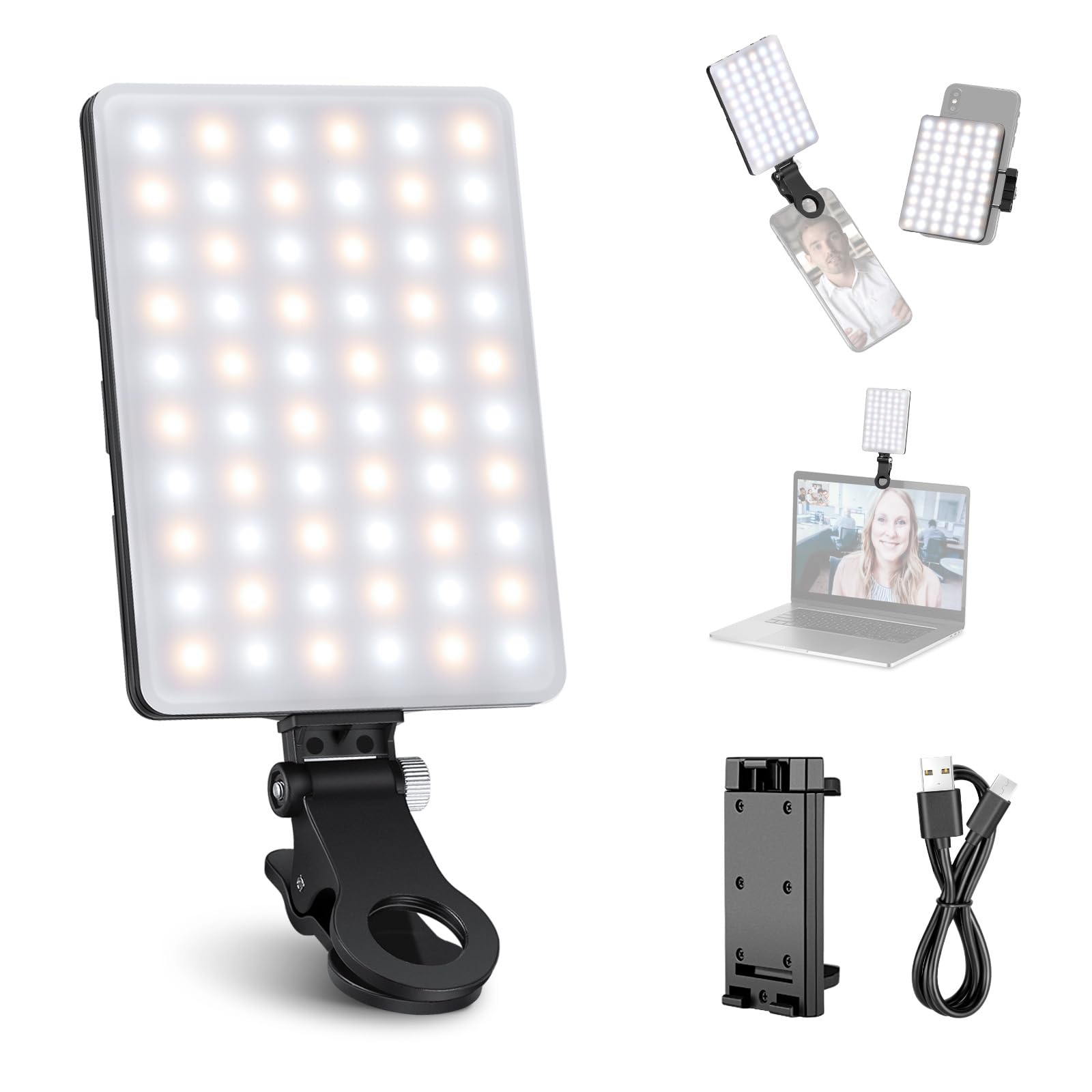 Basic Clip on Selfie Light Compatible with iPhone, 2000mAh Rechargeable LED Fill Lighting with Phone Clamp for Computer Webcam Laptop Zoom Video Conference Recording Makeup Photography