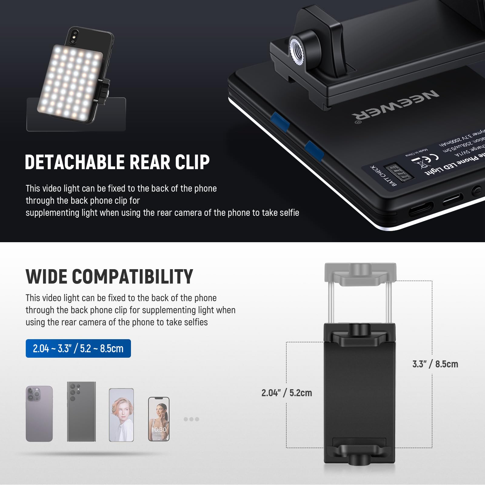 Basic Clip on Selfie Light Compatible with iPhone, 2000mAh Rechargeable LED Fill Lighting with Phone Clamp for Computer Webcam Laptop Zoom Video Conference Recording Makeup Photography