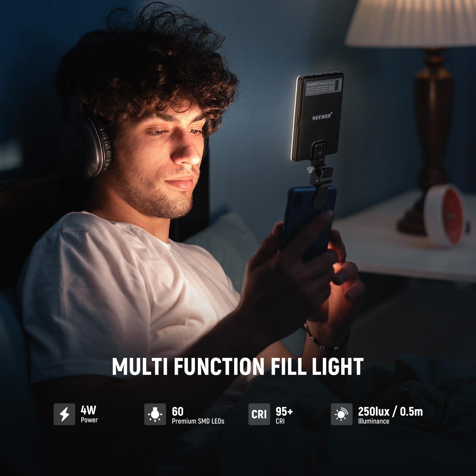 Basic Clip on Selfie Light Compatible with iPhone, 2000mAh Rechargeable LED Fill Lighting with Phone Clamp for Computer Webcam Laptop Zoom Video Conference Recording Makeup Photography