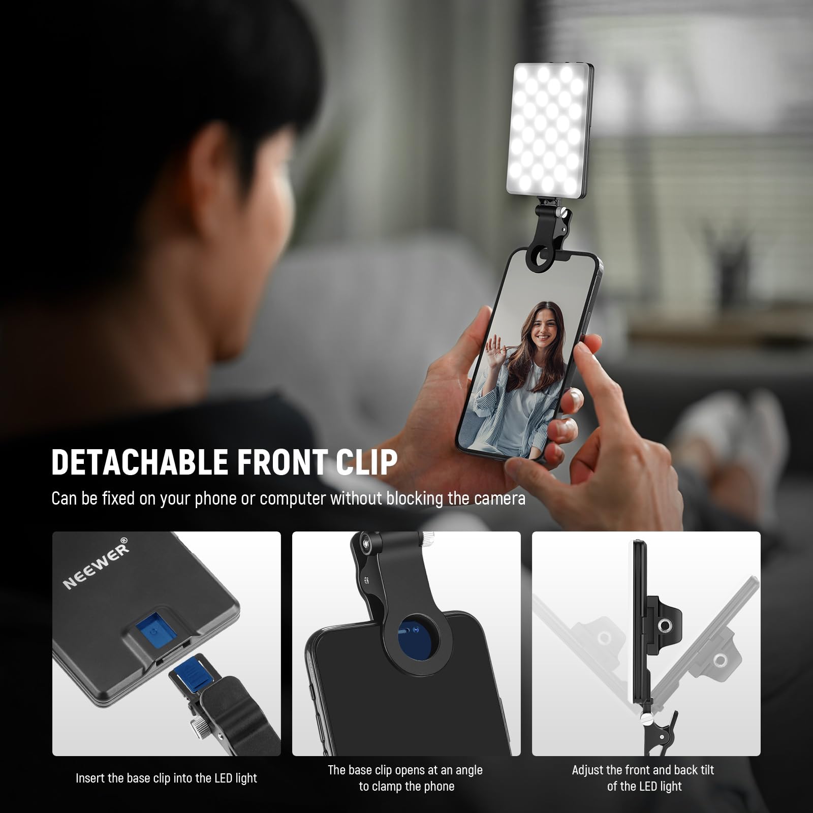 Basic Clip on Selfie Light Compatible with iPhone, 2000mAh Rechargeable LED Fill Lighting with Phone Clamp for Computer Webcam Laptop Zoom Video Conference Recording Makeup Photography