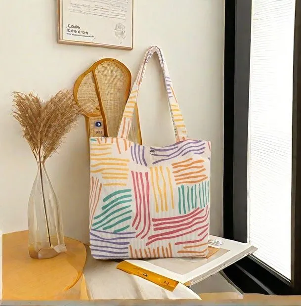 Shopping Women Dating Shoulder Bag FBK Delivery Fast Colorful Line Striped Canvas Bag Foldable Tote Bag Casual Student Fashion Zipper