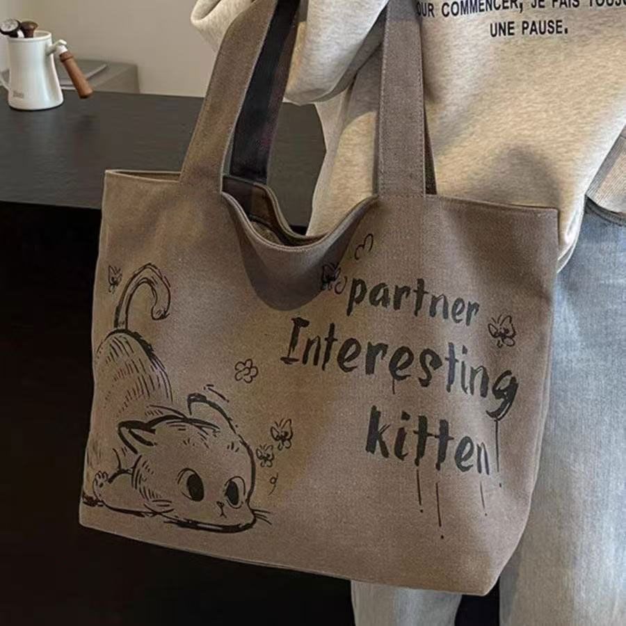 Stylish Large Capacity Tote Bag with Cute Mouse Print Durable Canvas Handbag for Women Shopping Work School