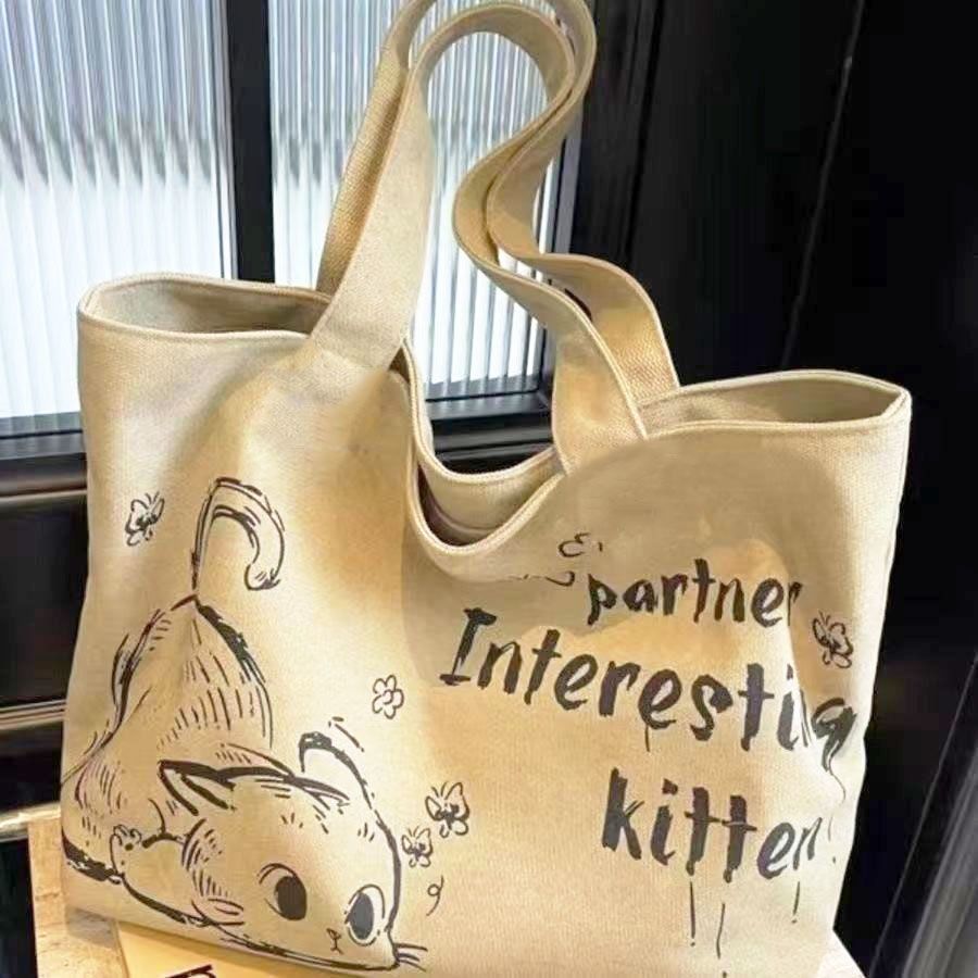 Stylish Large Capacity Tote Bag with Cute Mouse Print Durable Canvas Handbag for Women Shopping Work School