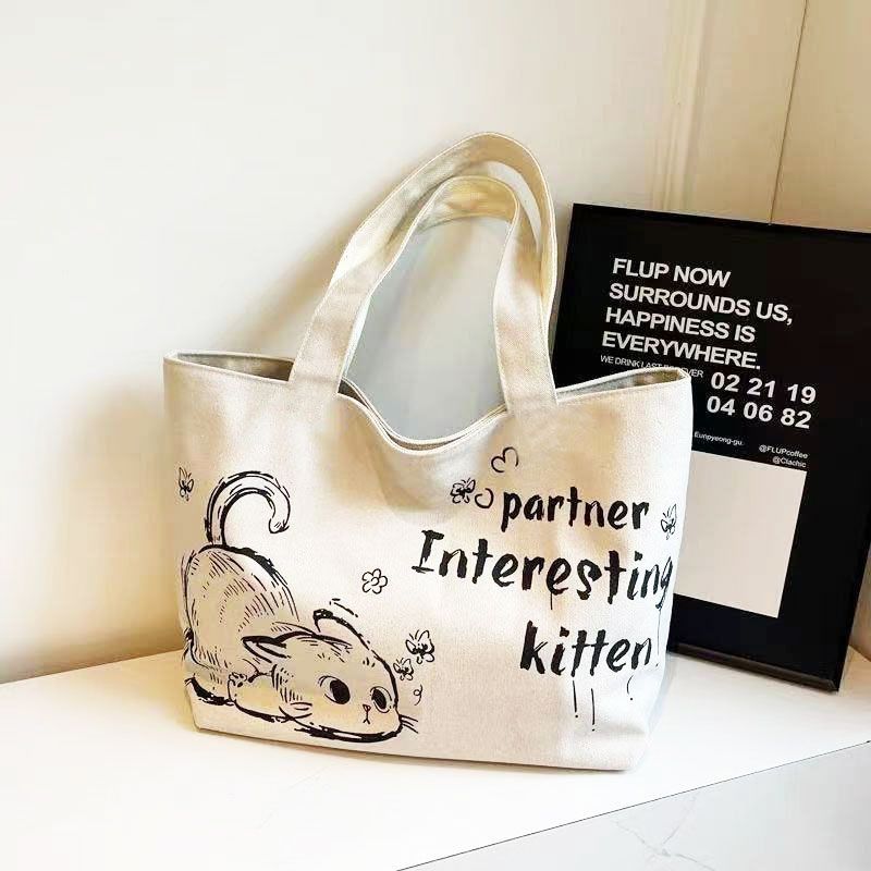 Stylish Large Capacity Tote Bag with Cute Mouse Print Durable Canvas Handbag for Women Shopping Work School