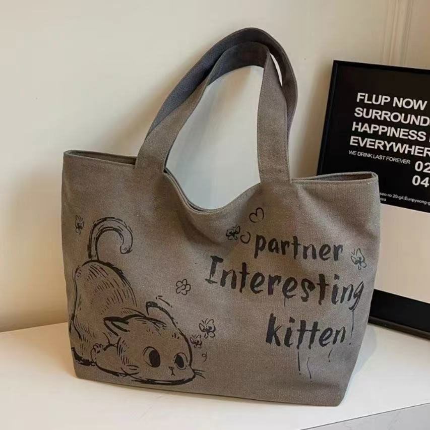 Stylish Large Capacity Tote Bag with Cute Mouse Print Durable Canvas Handbag for Women Shopping Work School