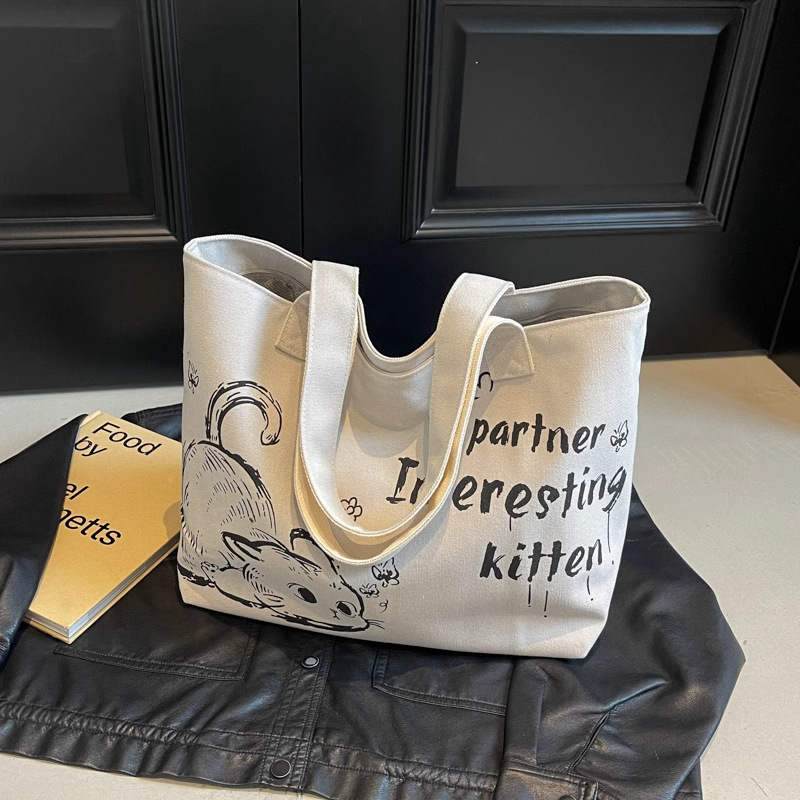 Stylish Large Capacity Tote Bag with Cute Mouse Print Durable Canvas Handbag for Women Shopping Work School
