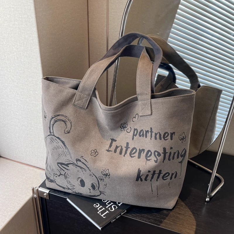 Stylish Large Capacity Tote Bag with Cute Mouse Print Durable Canvas Handbag for Women Shopping Work School