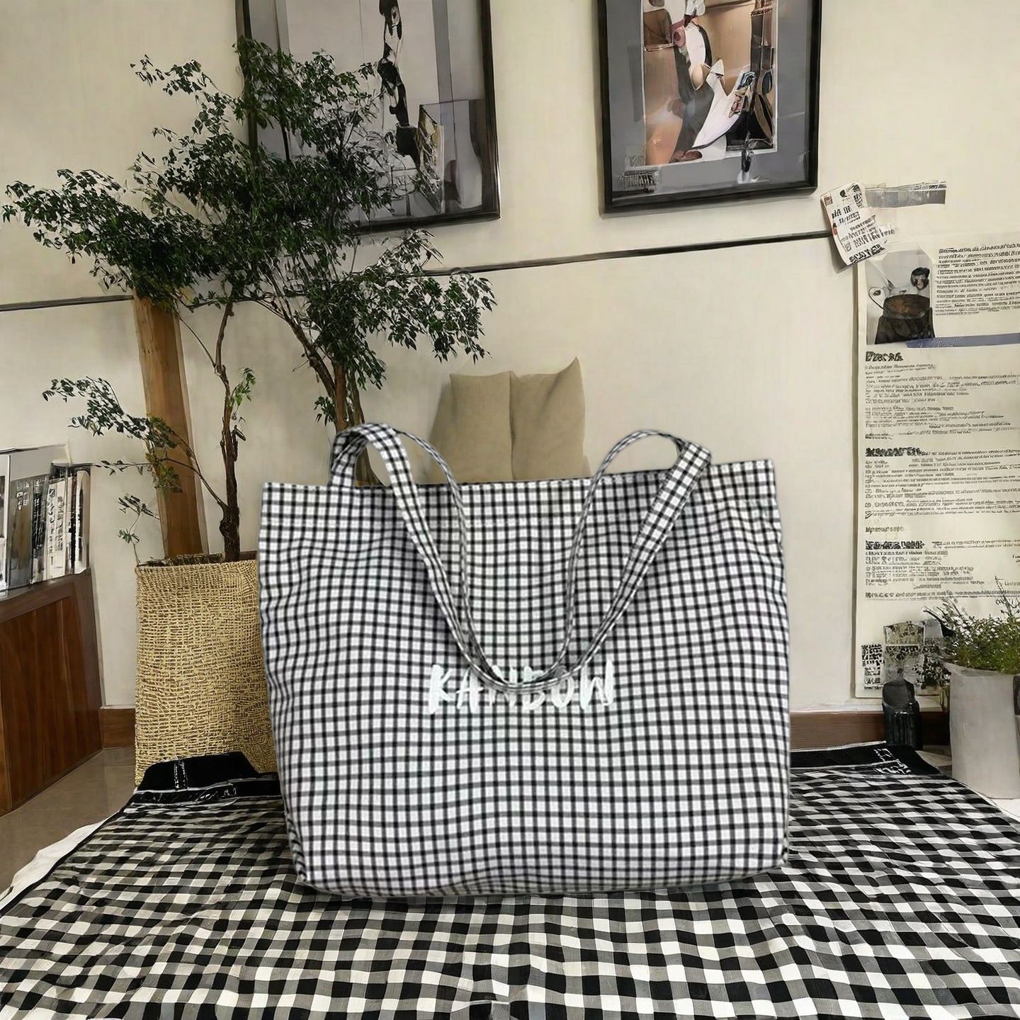 Ladies Shoulder Bag Large Capacity Washable Easy Clean Minimalist Style Women Tote Canvas Bags Kings Fashion FBK Fast Delivery Tartan Design School Shopping