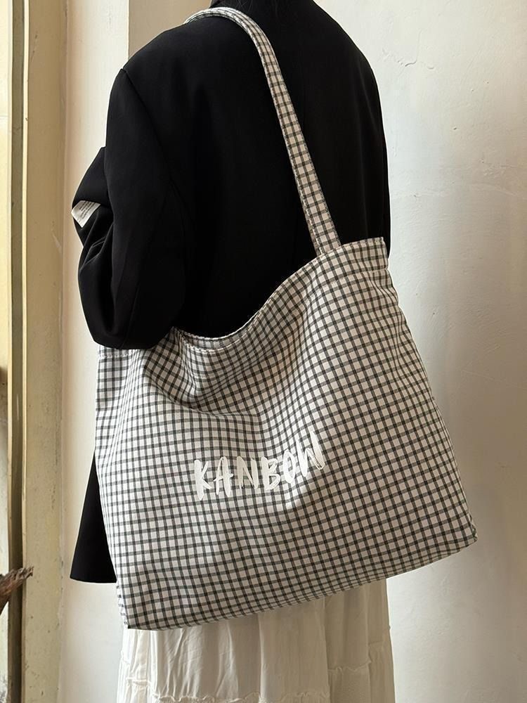 Ladies Shoulder Bag Large Capacity Washable Easy Clean Minimalist Style Women Tote Canvas Bags Kings Fashion FBK Fast Delivery Tartan Design School Shopping