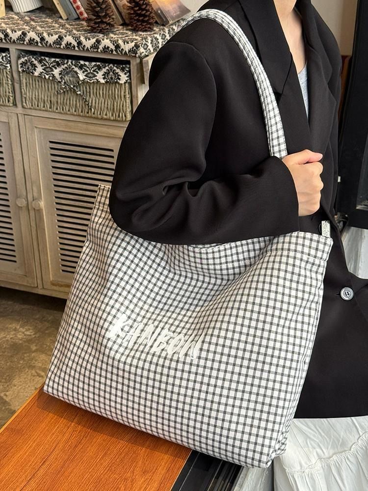 Ladies Shoulder Bag Large Capacity Washable Easy Clean Minimalist Style Women Tote Canvas Bags Kings Fashion FBK Fast Delivery Tartan Design School Shopping