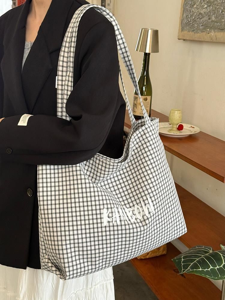 Ladies Shoulder Bag Large Capacity Washable Easy Clean Minimalist Style Women Tote Canvas Bags Kings Fashion FBK Fast Delivery Tartan Design School Shopping