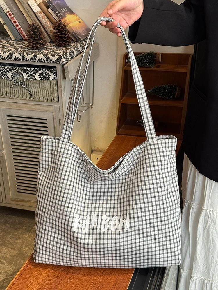 Ladies Shoulder Bag Large Capacity Washable Easy Clean Minimalist Style Women Tote Canvas Bags Kings Fashion FBK Fast Delivery Tartan Design School Shopping