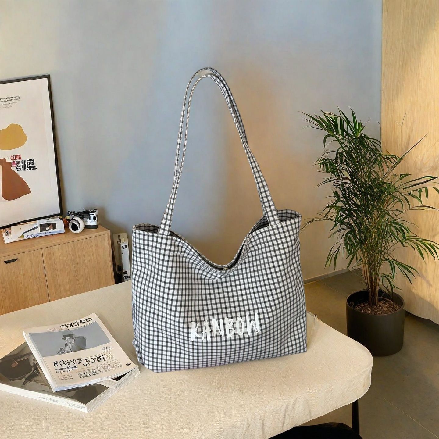 Ladies Shoulder Bag Large Capacity Washable Easy Clean Minimalist Style Women Tote Canvas Bags Kings Fashion FBK Fast Delivery Tartan Design School Shopping