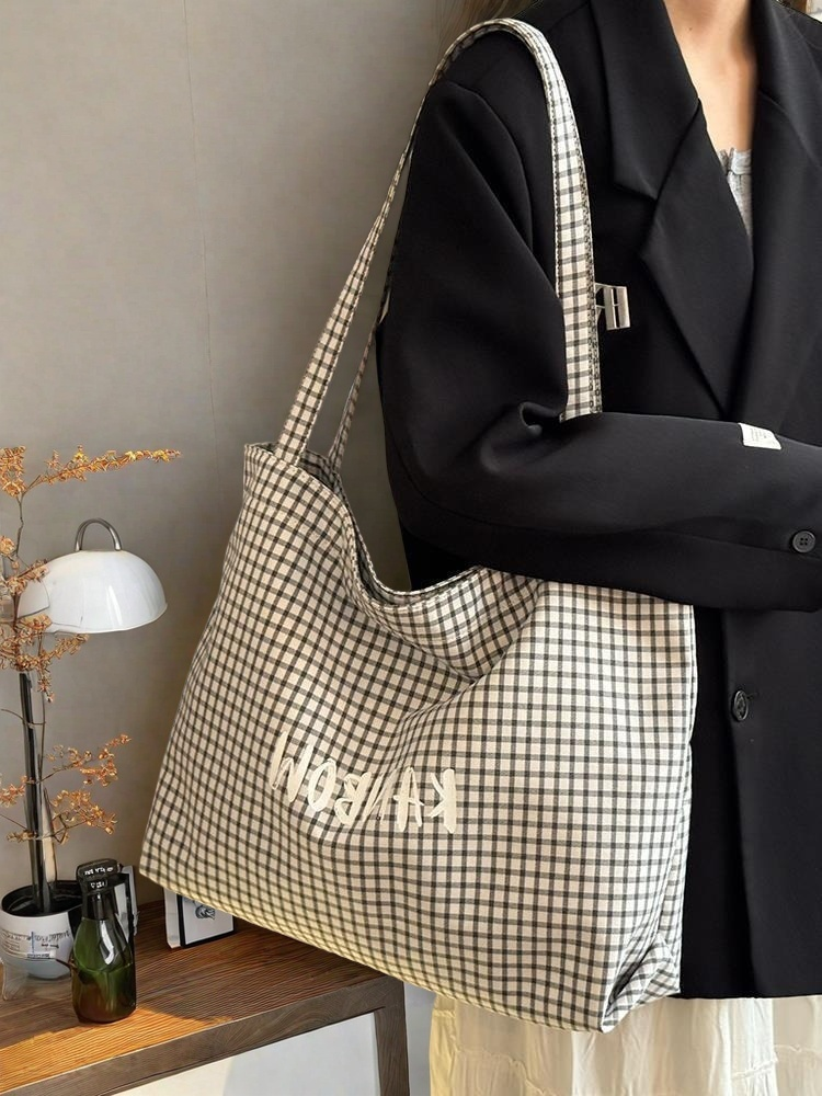Ladies Shoulder Bag Large Capacity Washable Easy Clean Minimalist Style Women Tote Canvas Bags Kings Fashion FBK Fast Delivery Tartan Design School Shopping