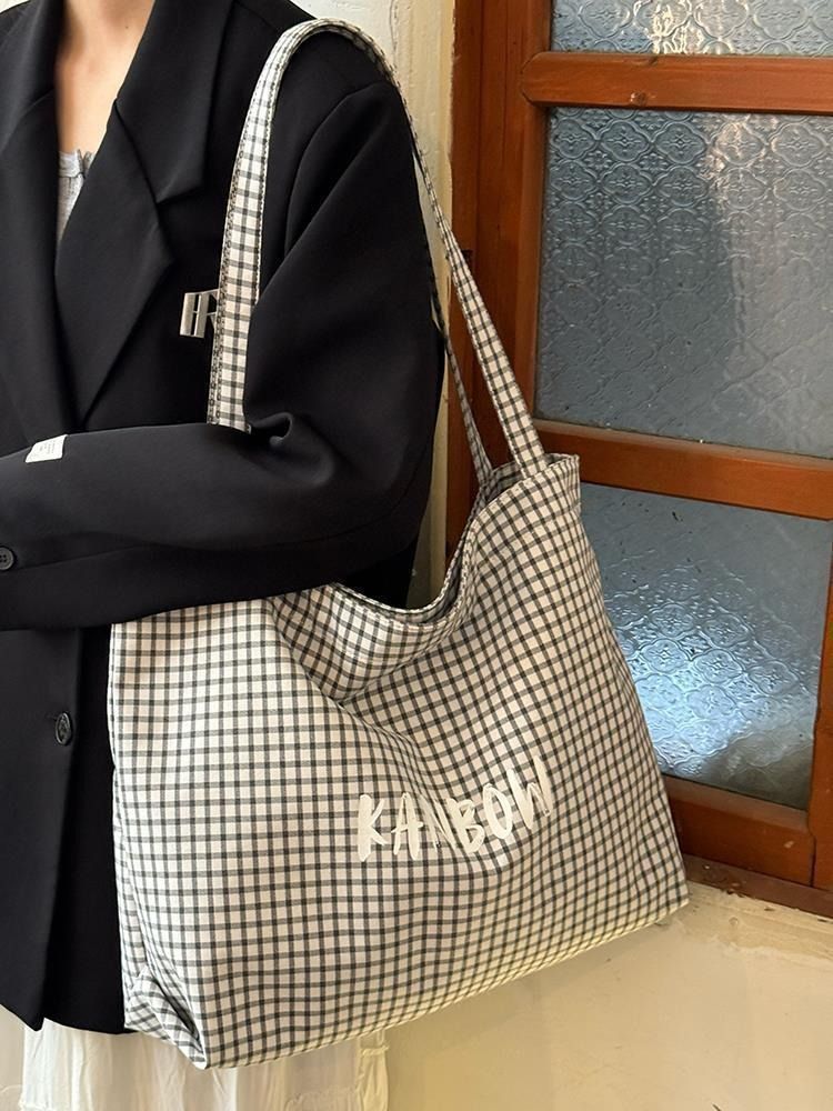 Ladies Shoulder Bag Large Capacity Washable Easy Clean Minimalist Style Women Tote Canvas Bags Kings Fashion FBK Fast Delivery Tartan Design School Shopping