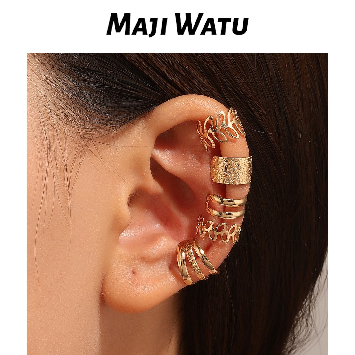 5 PCS/ 1SET Retro C-shaped Earclip Set of Five Pieces with No Ear Holes, Multi layered Hollow Leaf Earstuds, Personalized Earrings