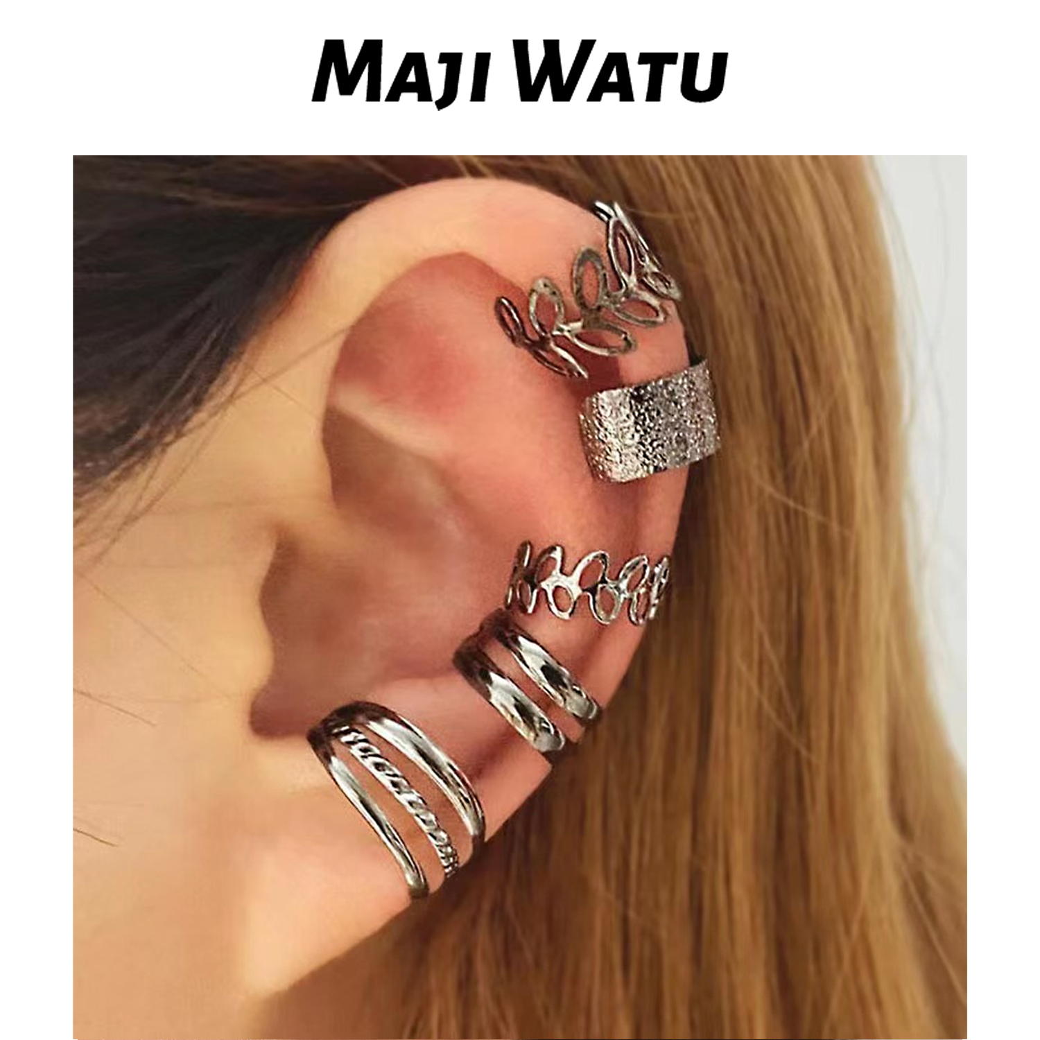 5 PCS/ 1SET Retro C-shaped Earclip Set of Five Pieces with No Ear Holes, Multi layered Hollow Leaf Earstuds, Personalized Earrings