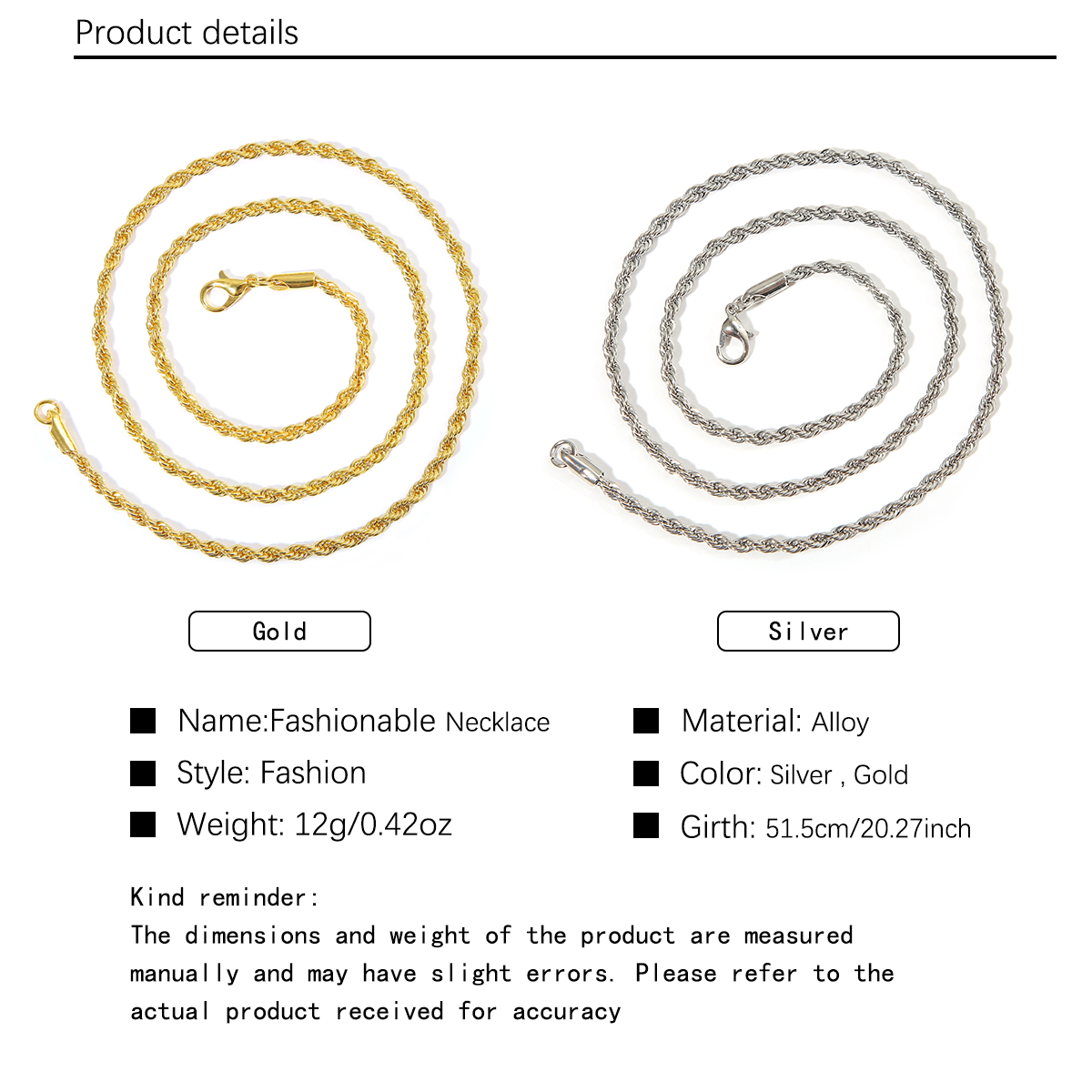 1pc cross-border European and American men's 3mm Fried Dough Twists chain hip-hop trend chain twisted rope chain with chain men's necklace