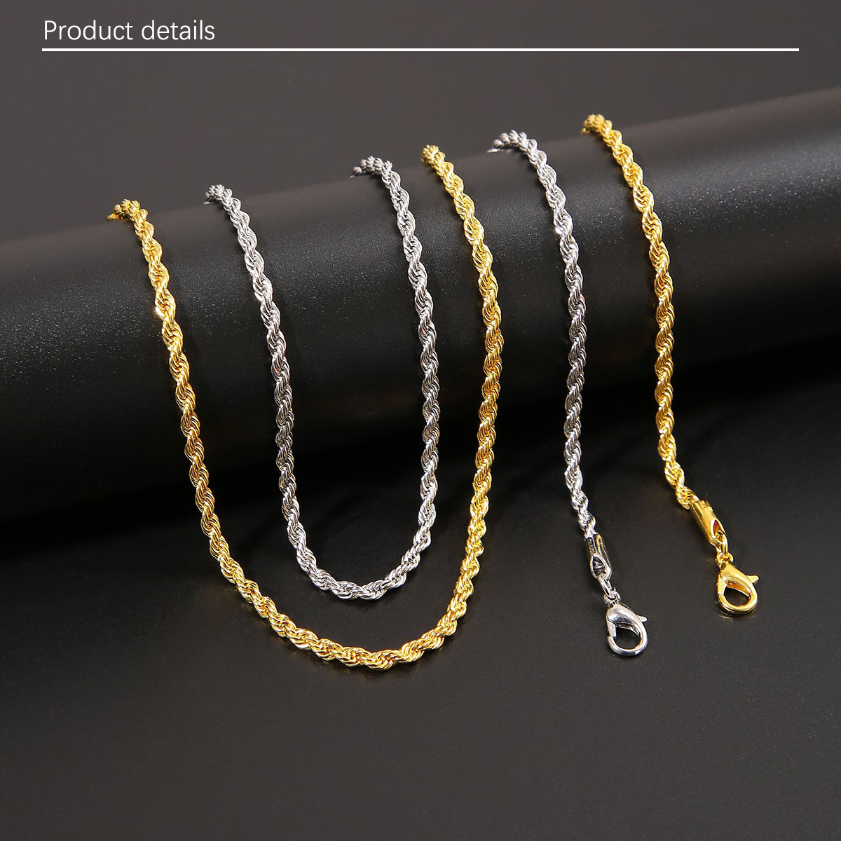 1pc cross-border European and American men's 3mm Fried Dough Twists chain hip-hop trend chain twisted rope chain with chain men's necklace