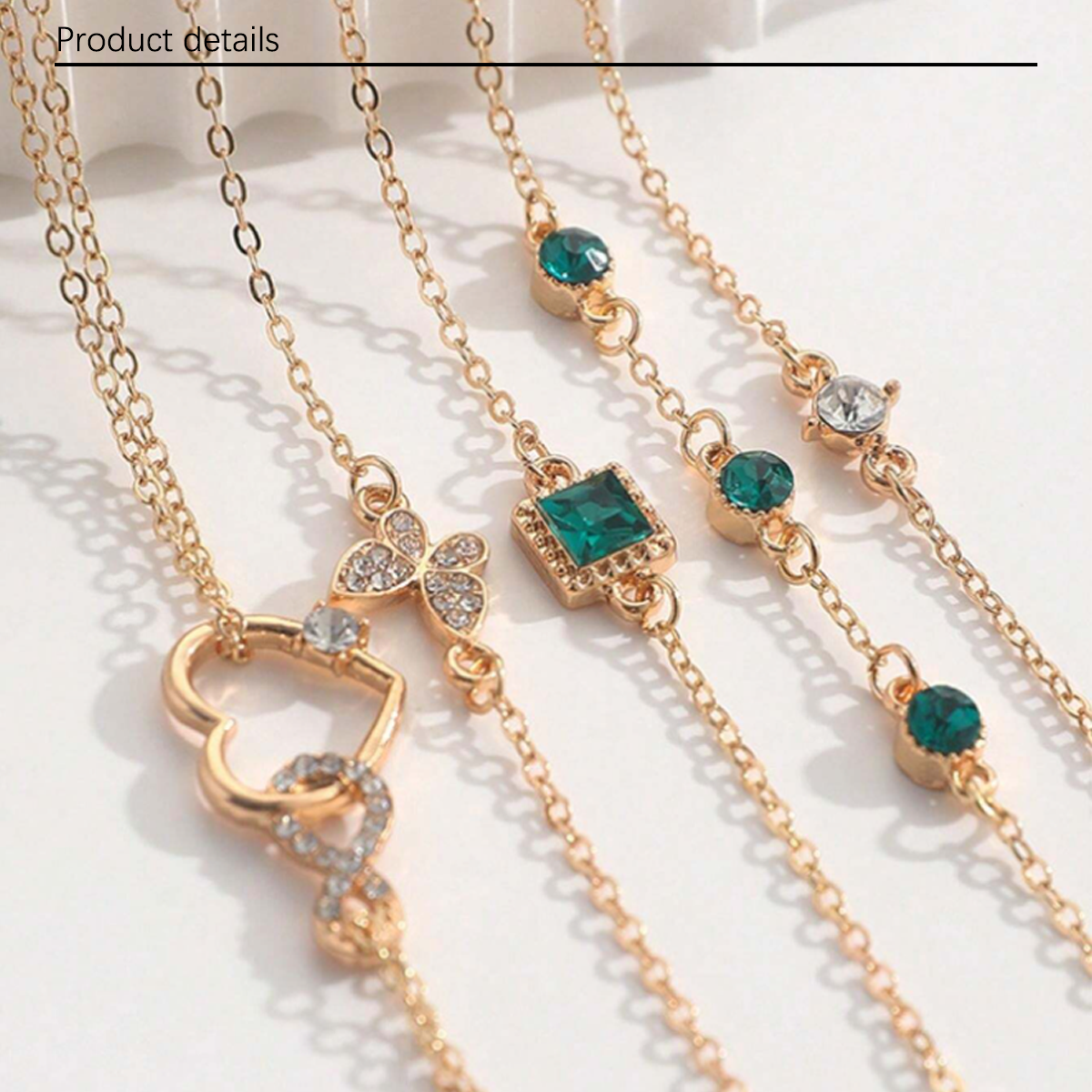 1 set of 5 retro fashion trend square green diamond inlaid women's bracelets, with diamond butterfly and heart-shaped pendant, suitable for daily life, travel and office