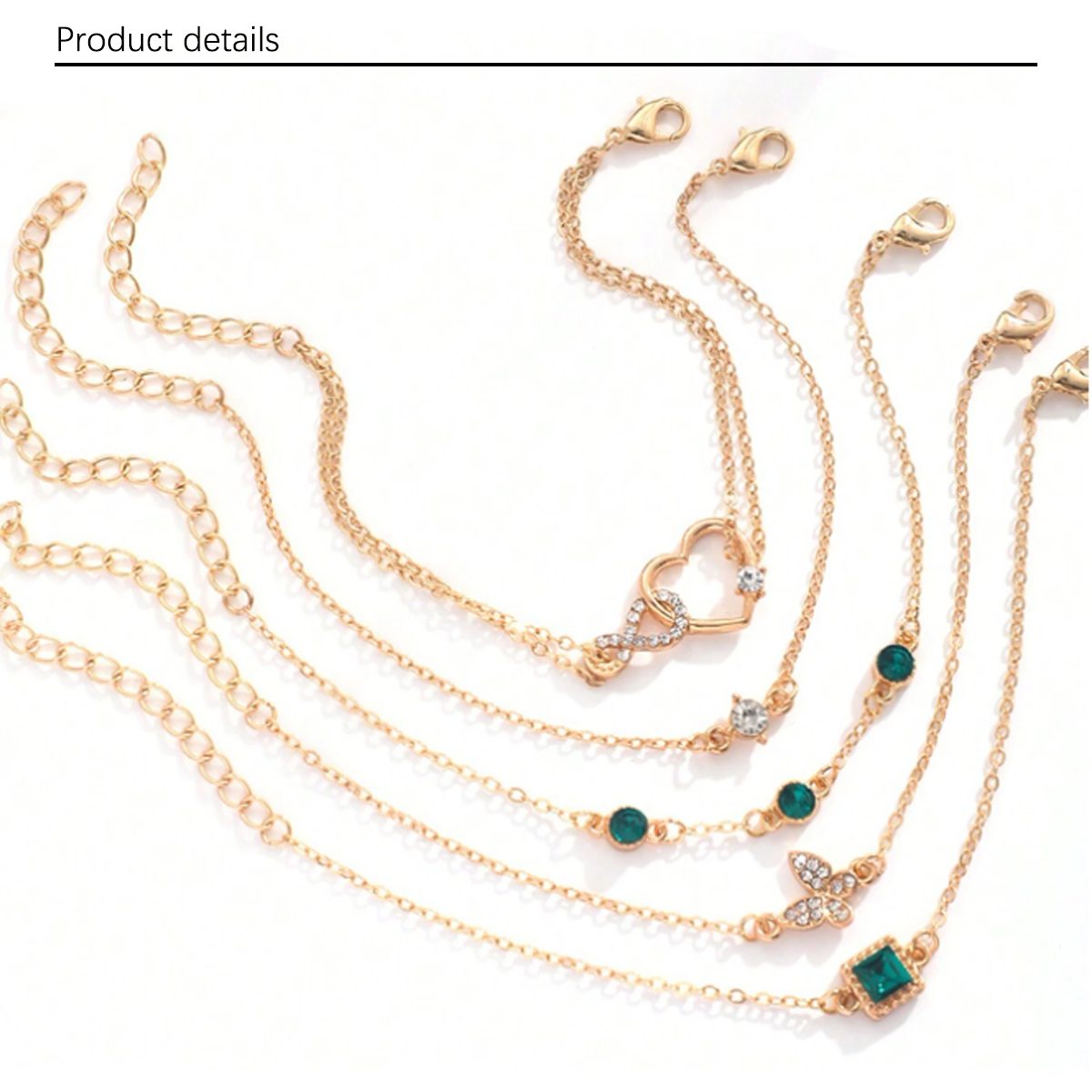 1 set of 5 retro fashion trend square green diamond inlaid women's bracelets, with diamond butterfly and heart-shaped pendant, suitable for daily life, travel and office