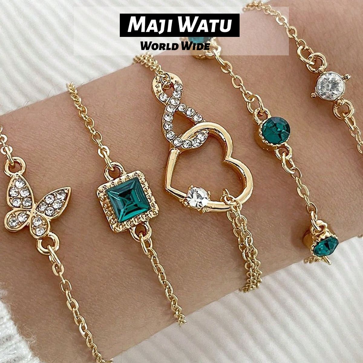 1 set of 5 retro fashion trend square green diamond inlaid women's bracelets, with diamond butterfly and heart-shaped pendant, suitable for daily life, travel and office