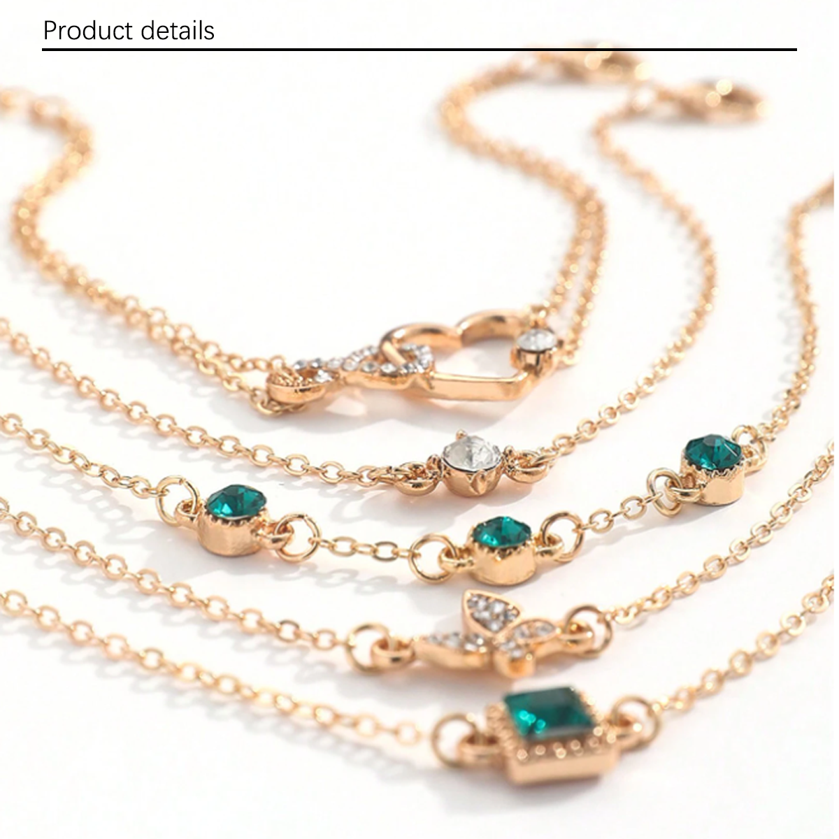 1 set of 5 retro fashion trend square green diamond inlaid women's bracelets, with diamond butterfly and heart-shaped pendant, suitable for daily life, travel and office