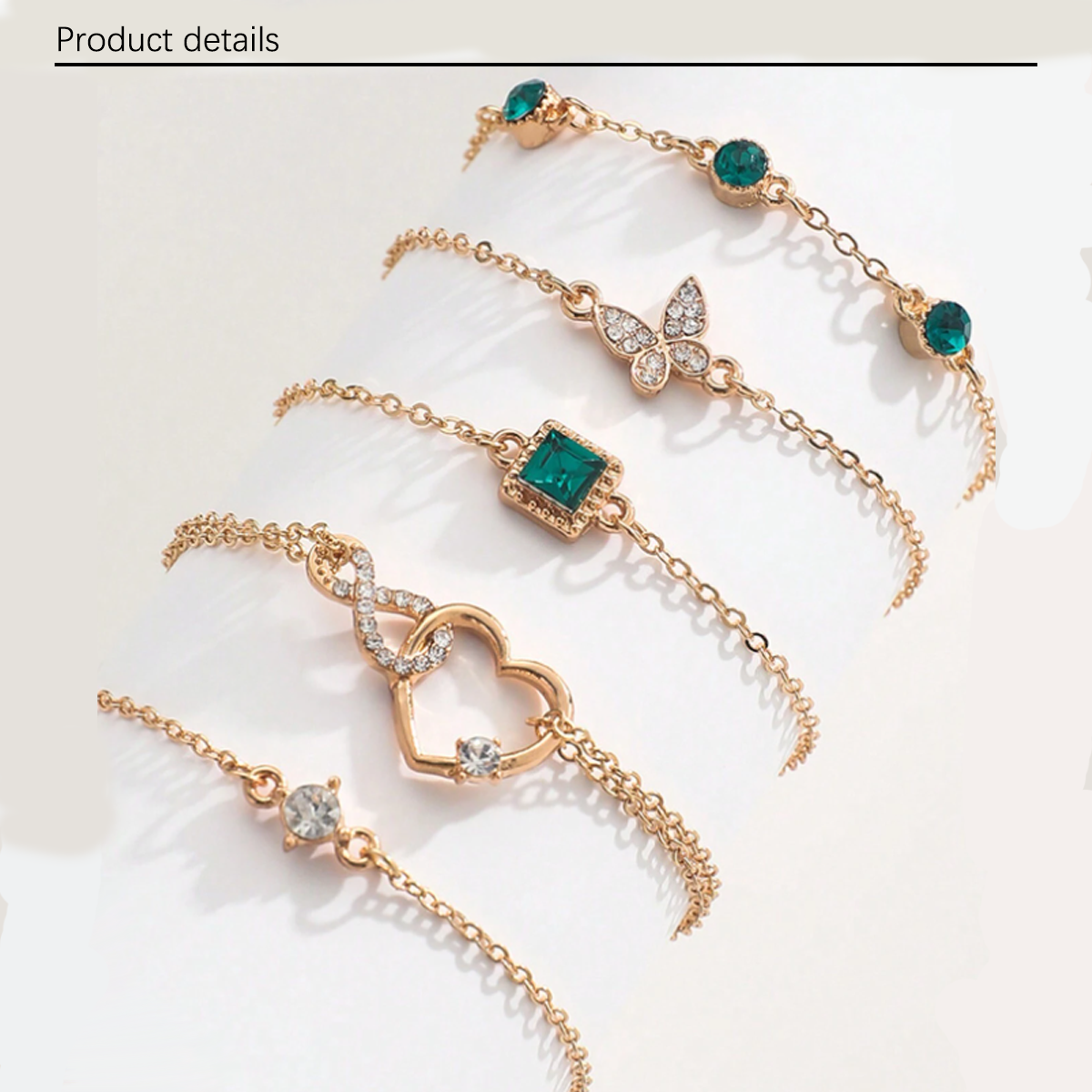 1 set of 5 retro fashion trend square green diamond inlaid women's bracelets, with diamond butterfly and heart-shaped pendant, suitable for daily life, travel and office
