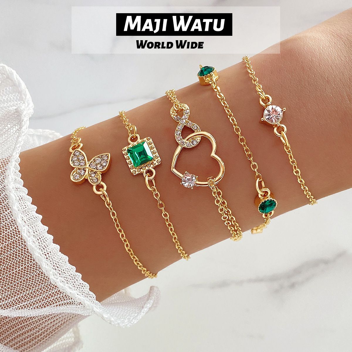 1 set of 5 retro fashion trend square green diamond inlaid women's bracelets, with diamond butterfly and heart-shaped pendant, suitable for daily life, travel and office